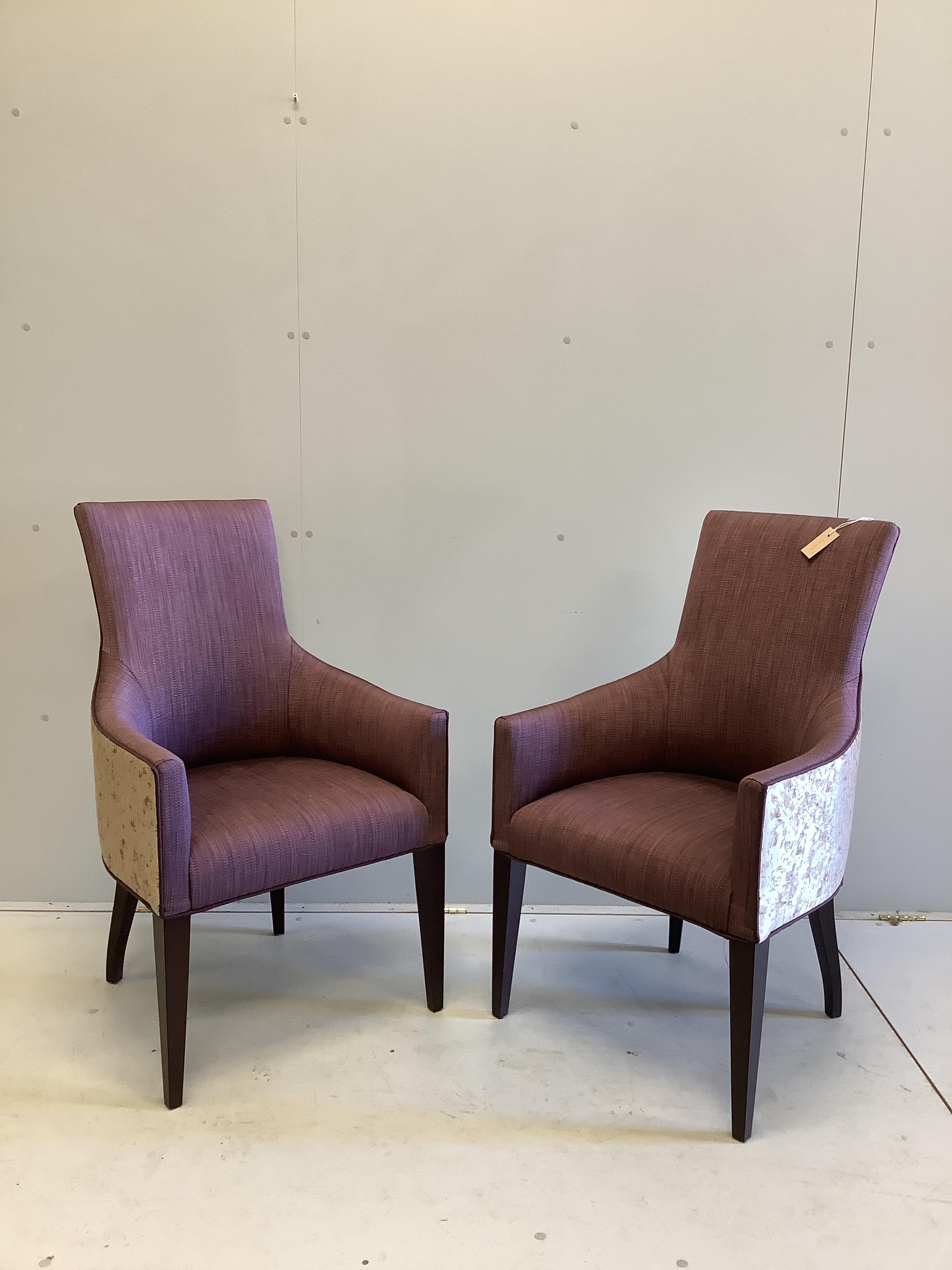 A pair of Claverton carver chairs by Ben Whistler, Chapel Street, upholstered in Dedar Jasper Myrtille and Evitavonni Verona Oro fabrics, width 58cm, depth 60cm, height 97cm